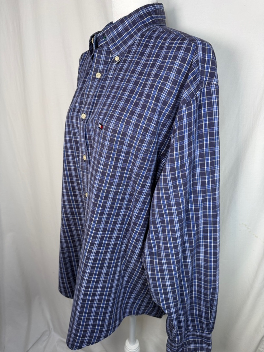 Tommy Hilfiger Navy and White Plaid Button-Down Shirt with Blue Trim